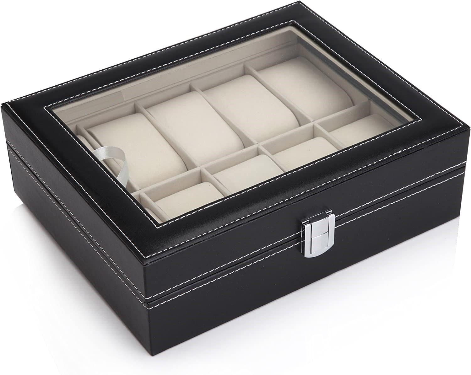 Desk Accessories: Black PU Leather Watch Organizer Display Storage Box Cases for Men & Women (10 slots)