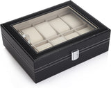 Desk Accessories: Black PU Leather Watch Organizer Display Storage Box Cases for Men & Women (10 slots)