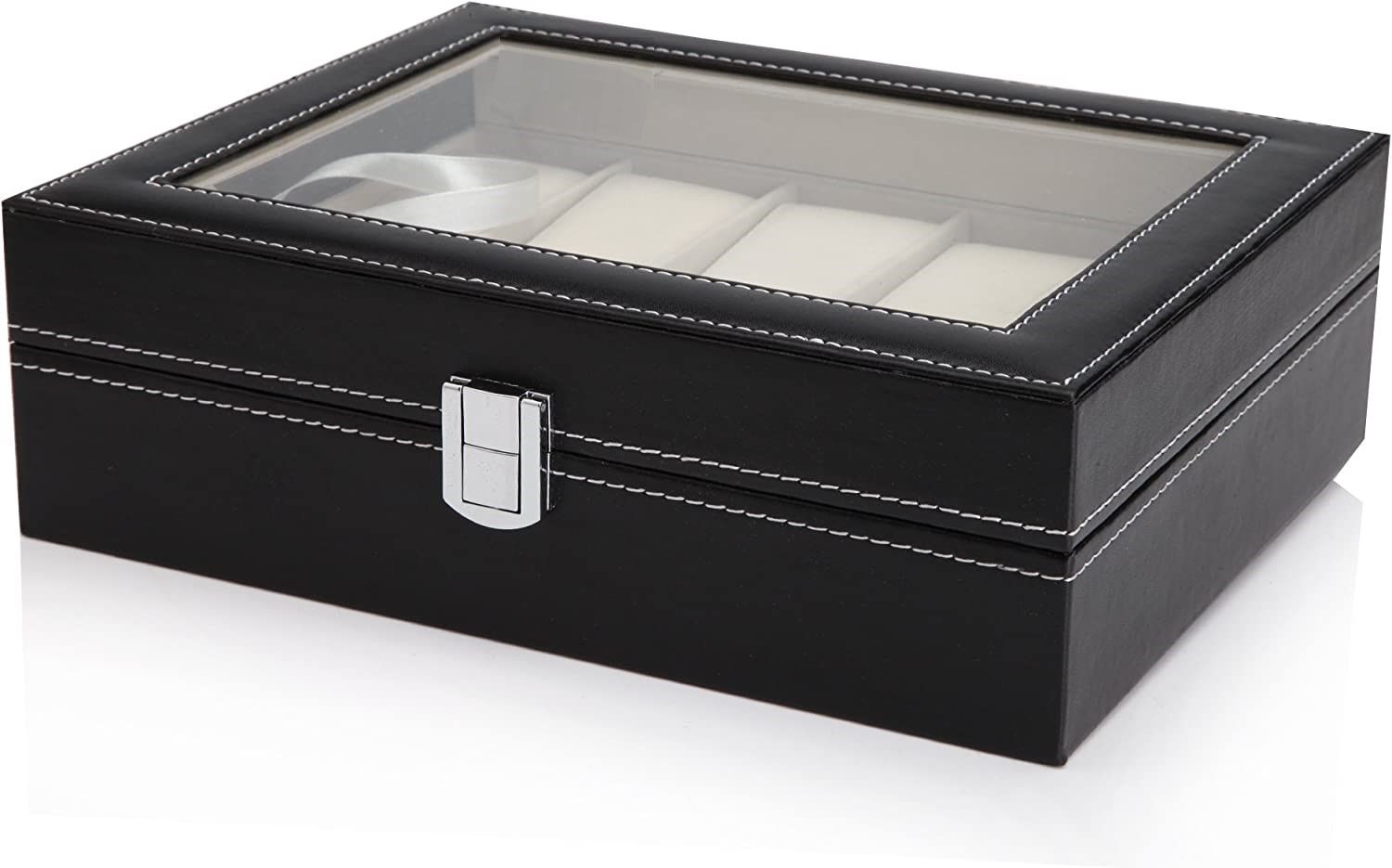 Desk Accessories: Black PU Leather Watch Organizer Display Storage Box Cases for Men & Women (10 slots)