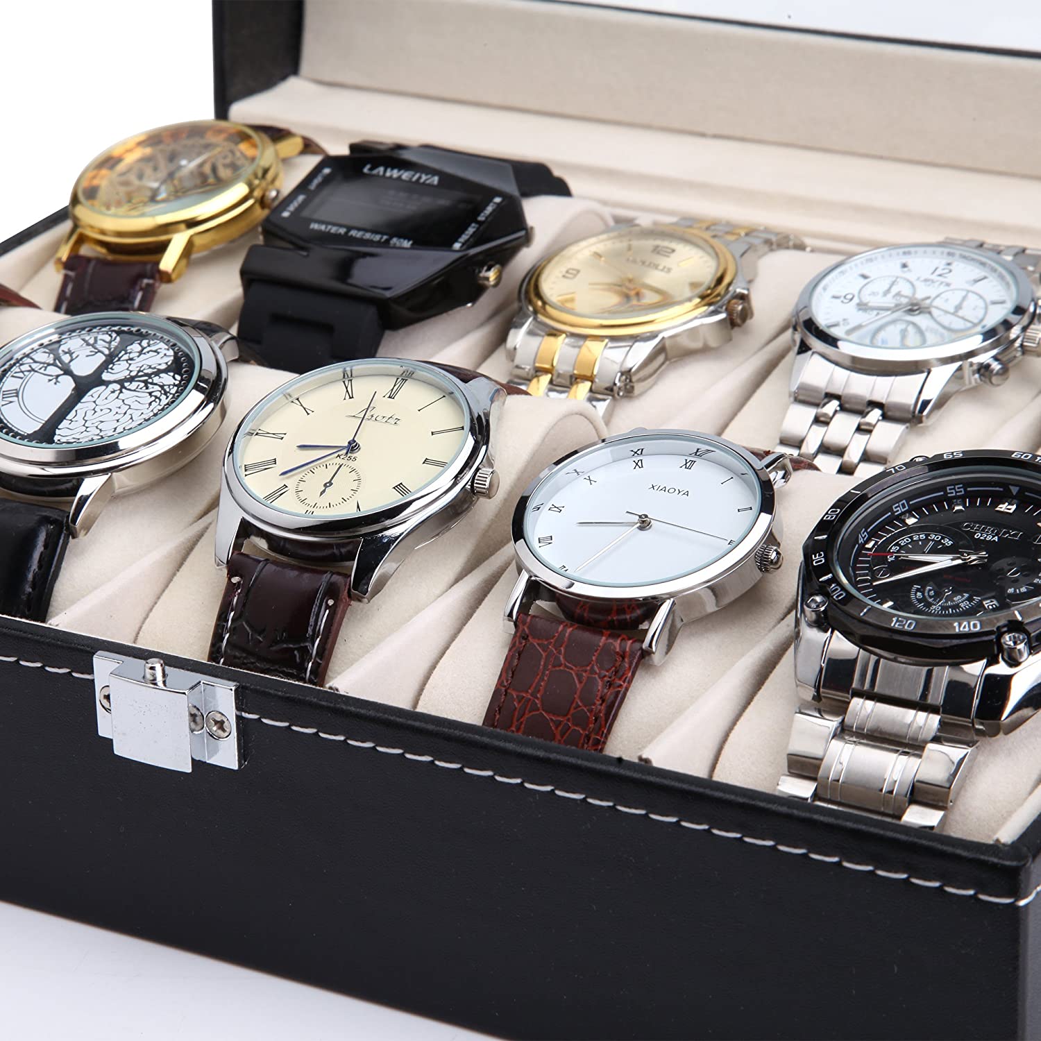 Desk Accessories: Black PU Leather Watch Organizer Display Storage Box Cases for Men & Women (10 slots)