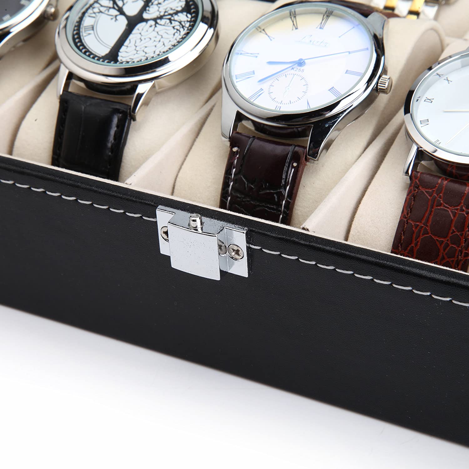 Desk Accessories: Black PU Leather Watch Organizer Display Storage Box Cases for Men & Women (10 slots)