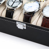 Desk Accessories: Black PU Leather Watch Organizer Display Storage Box Cases for Men & Women (10 slots)