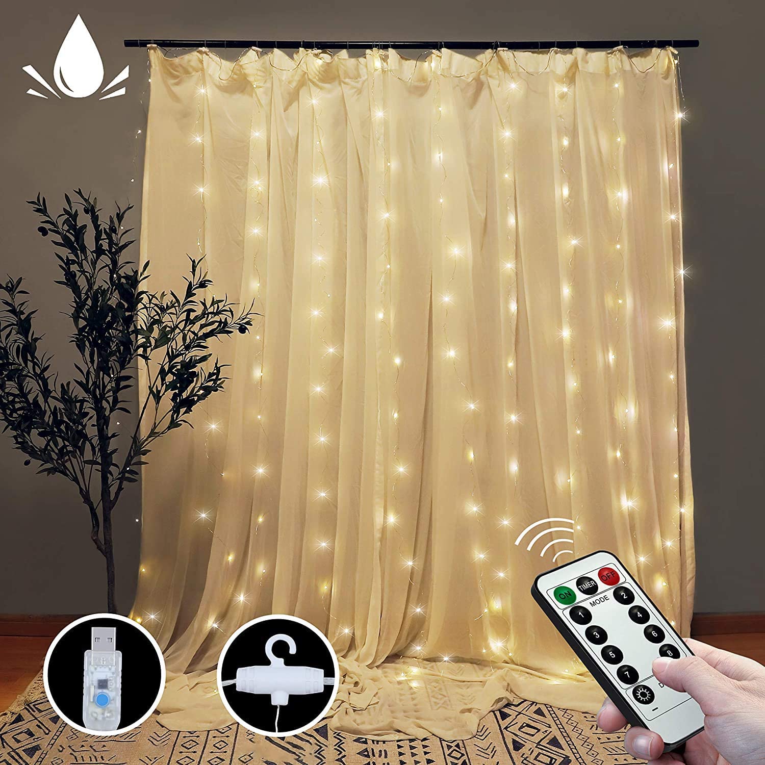 Curtain Accessories: 300 LEDs Window Curtain Fairy Lights 8 Modes and Remote Control for Bedroom (Warm White, 300 x 300cm)