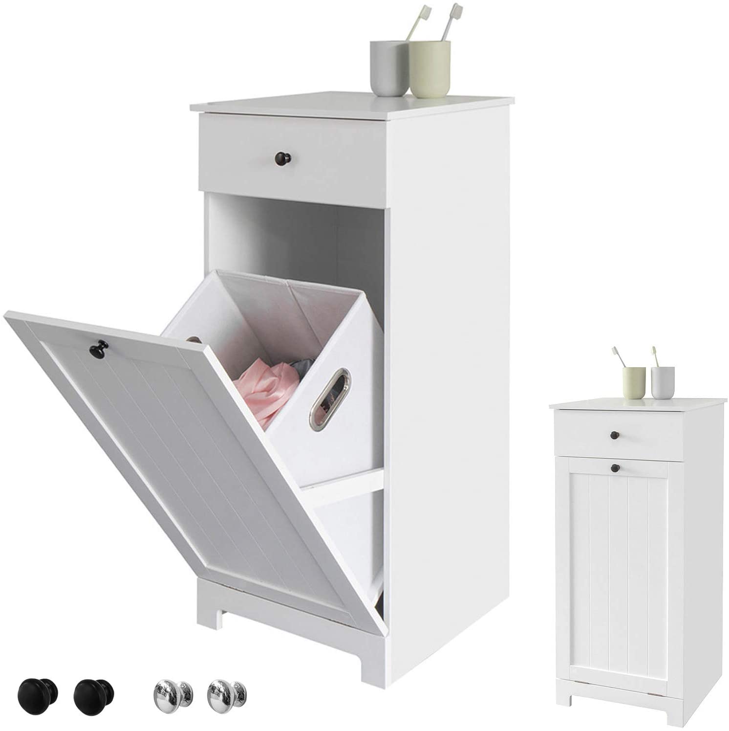 Clothing & Wardrobe Storage: White Bathroom Cabinet with Laundry Basket and Drawer