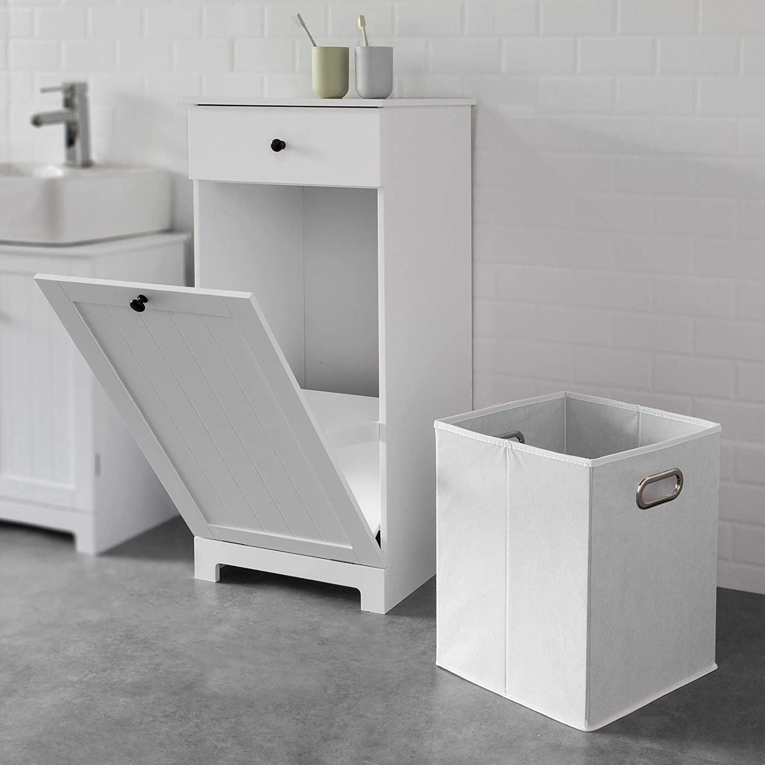 Clothing & Wardrobe Storage: White Bathroom Cabinet with Laundry Basket and Drawer