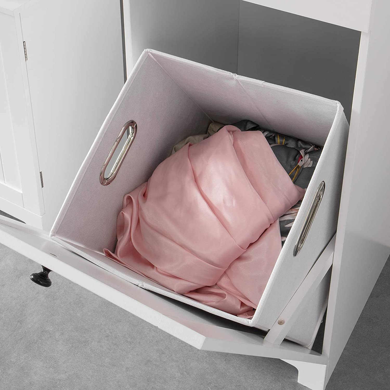 Clothing & Wardrobe Storage: White Bathroom Cabinet with Laundry Basket and Drawer