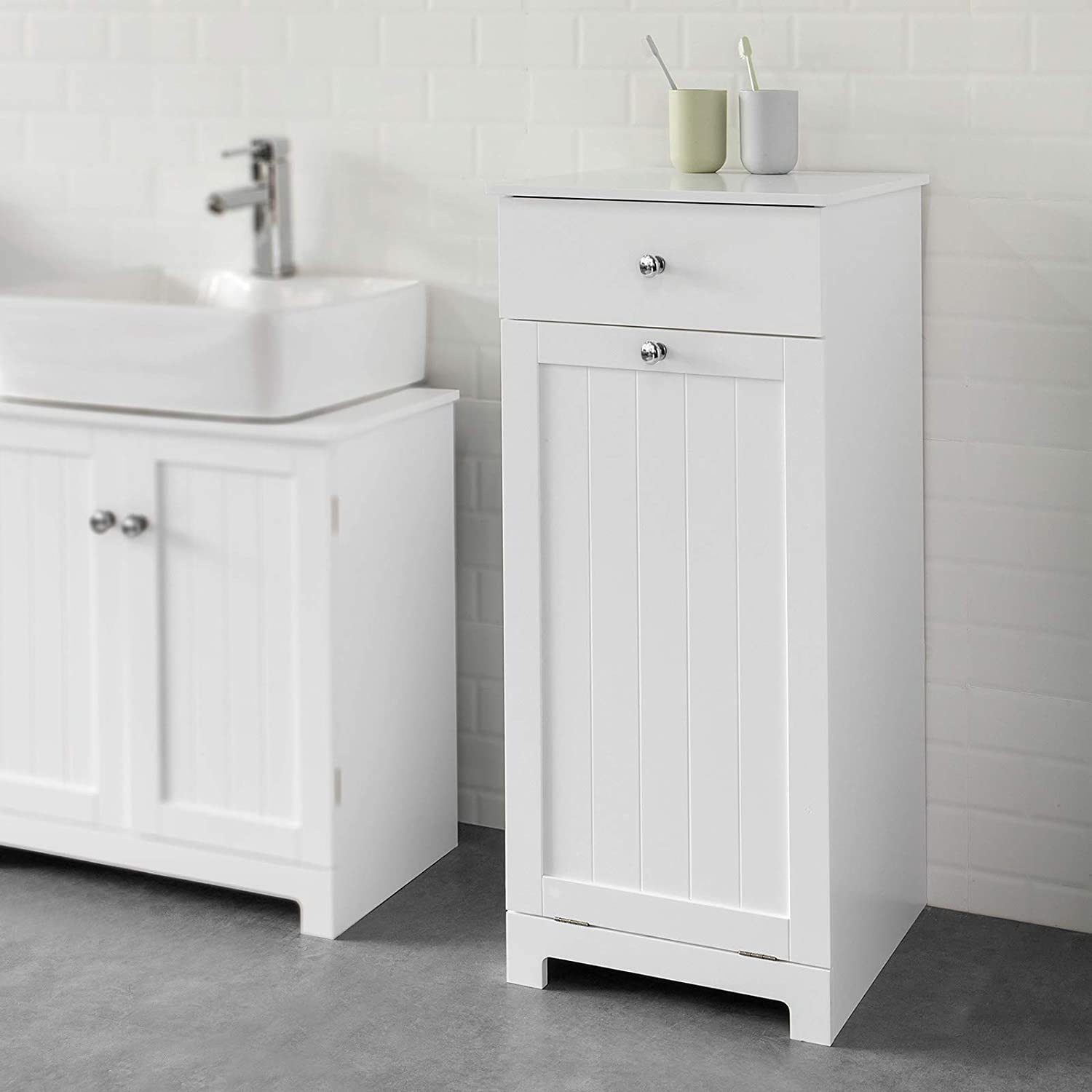 Clothing & Wardrobe Storage: White Bathroom Cabinet with Laundry Basket and Drawer