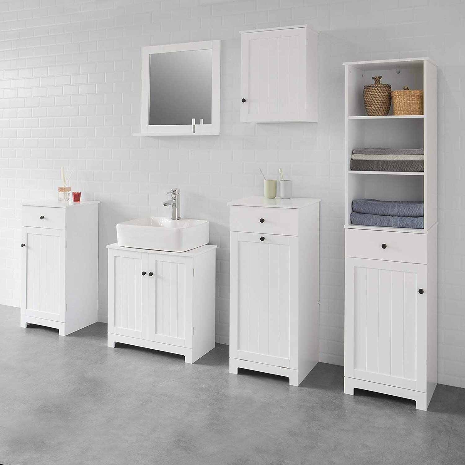 Clothing & Wardrobe Storage: White Bathroom Cabinet with Laundry Basket and Drawer