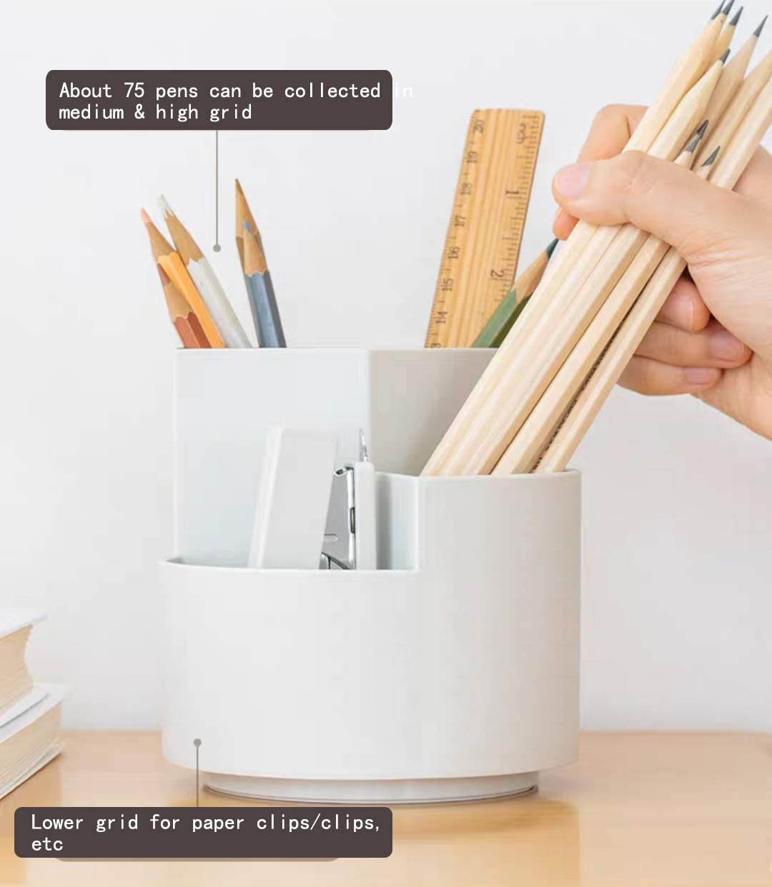 Pens & Pencils: 360 degree rotating multi-functional pen holder with 3 separate layer for office desk organiser (Pink)