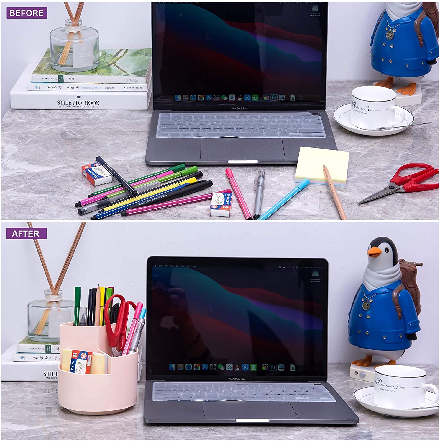 Pens & Pencils: 360 degree rotating multi-functional pen holder with 3 separate layer for office desk organiser (Pink)