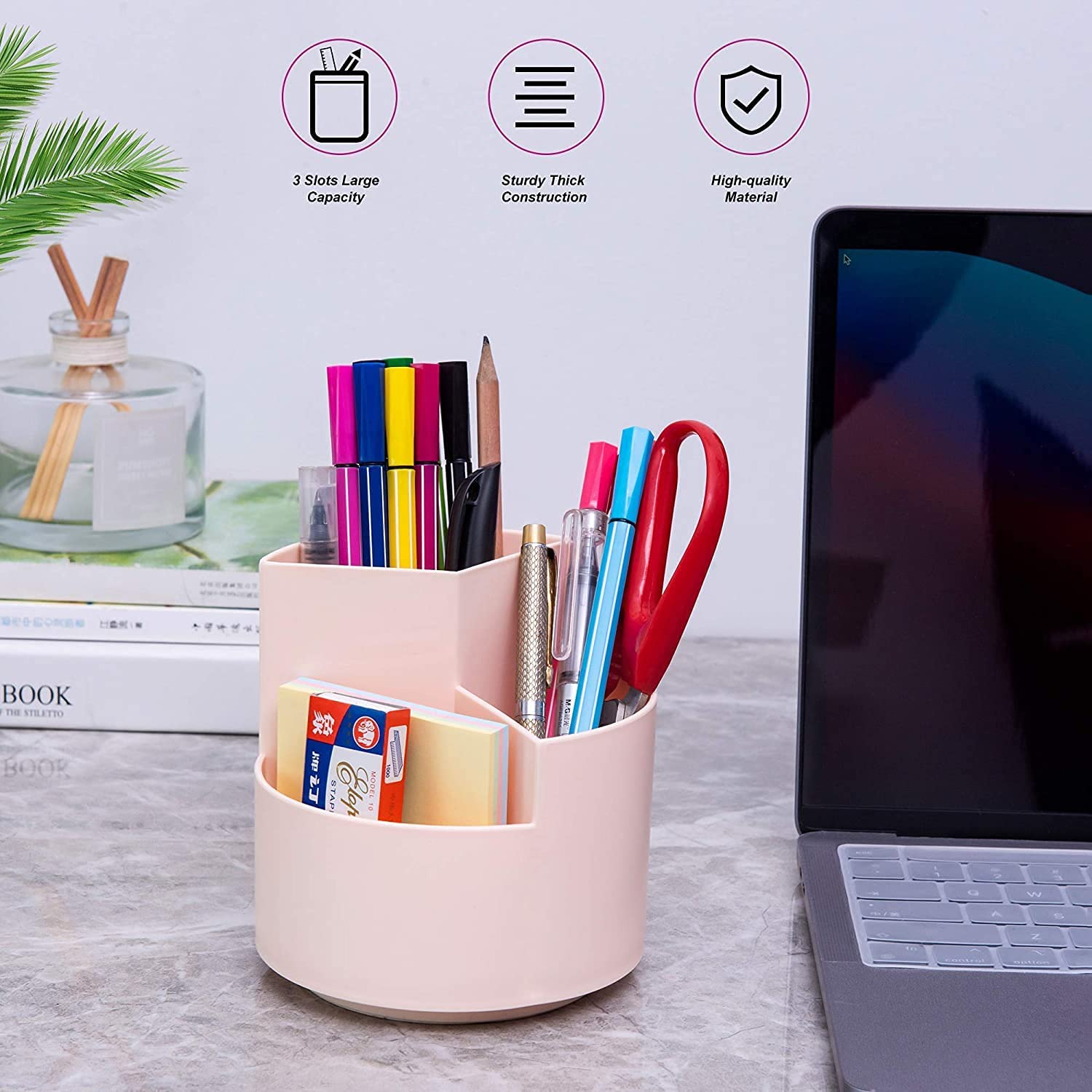 Pens & Pencils: 360 degree rotating multi-functional pen holder with 3 separate layer for office desk organiser (Pink)