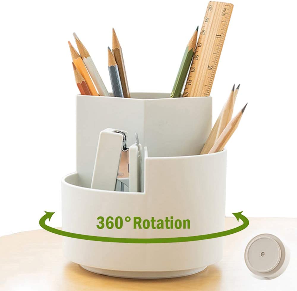 Desk Accessories: 360 degree rotating multi-functional pen holder with 3 separate layer for office desk organiser (White)