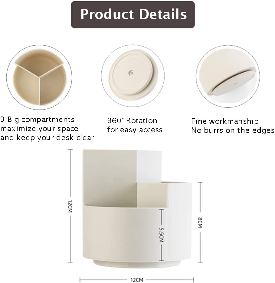 Desk Accessories: 360 degree rotating multi-functional pen holder with 3 separate layer for office desk organiser (White)