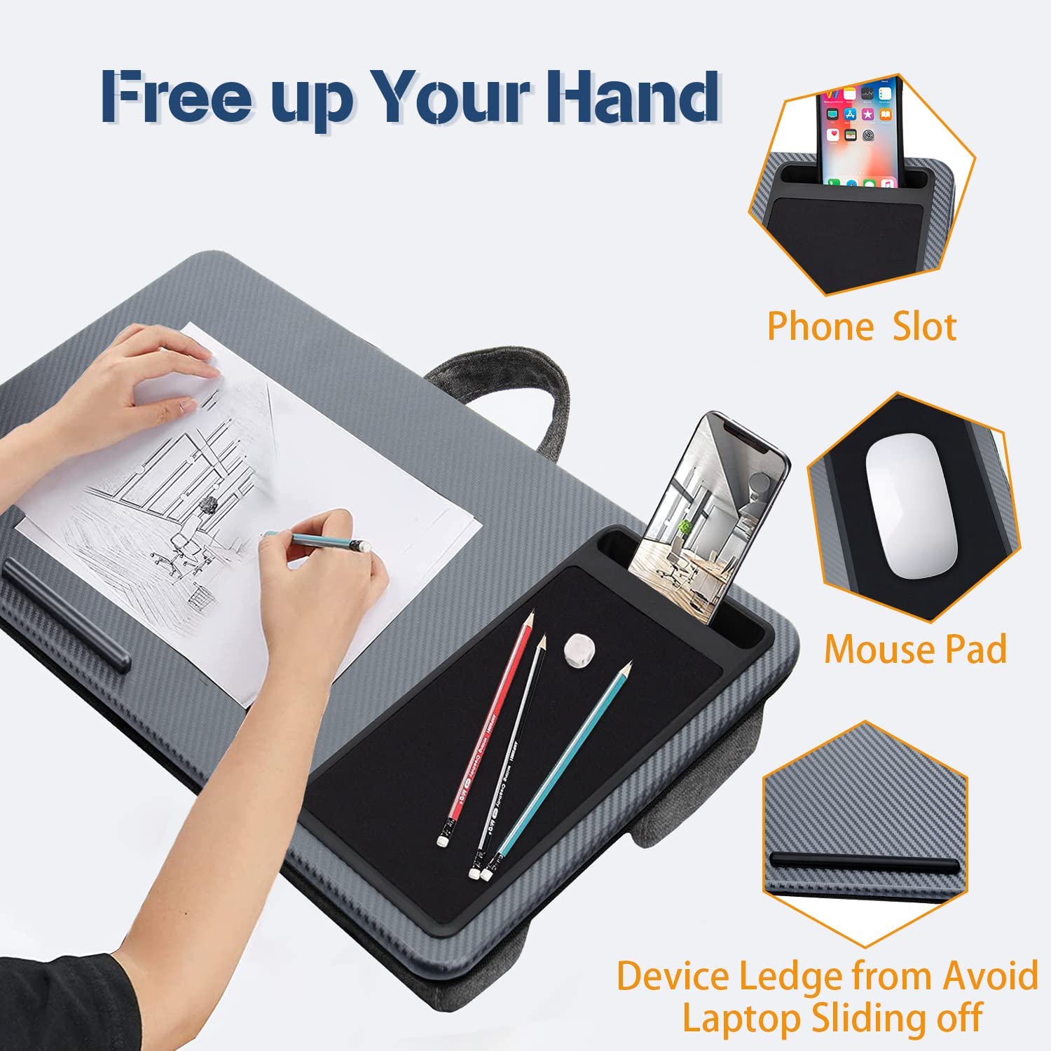Desks: Portable Laptop Desk with Device Ledge, Mouse Pad and Phone Holder for Home Office (Silver, 40cm)