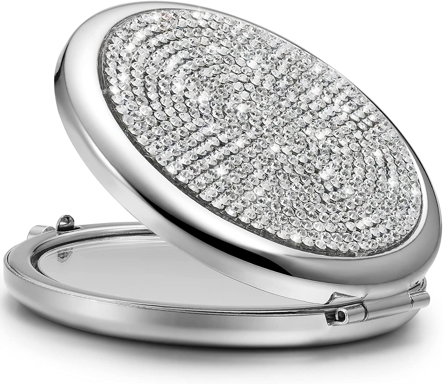 Makeup Mirrors: Mini Small Diamond 1X/2X Magnifying Round Metal Pocket Makeup Mirror (Silver)