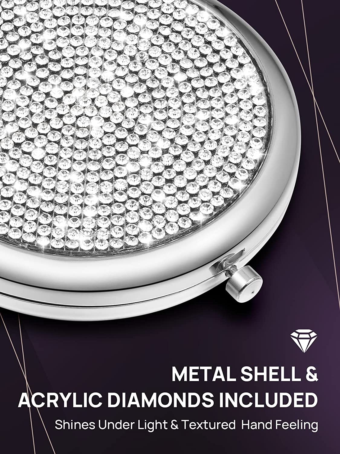 Makeup Mirrors: Mini Small Diamond 1X/2X Magnifying Round Metal Pocket Makeup Mirror (Silver)