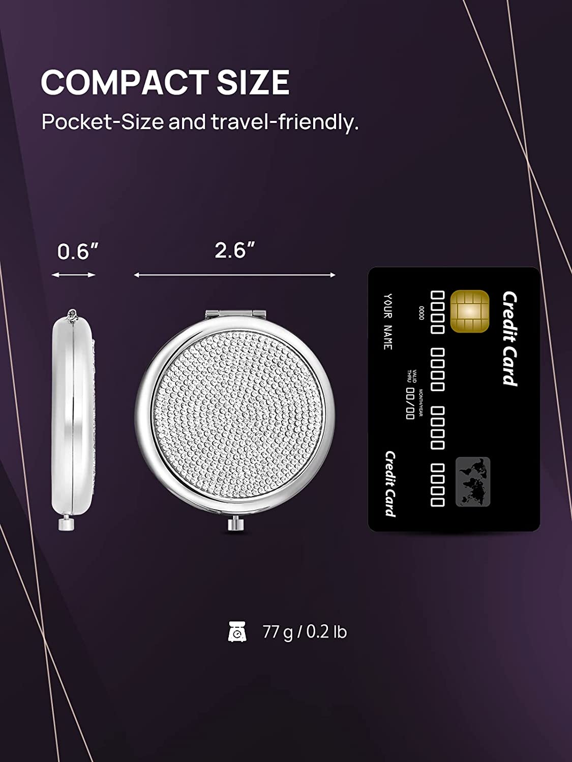 Makeup Mirrors: Mini Small Diamond 1X/2X Magnifying Round Metal Pocket Makeup Mirror (Silver)