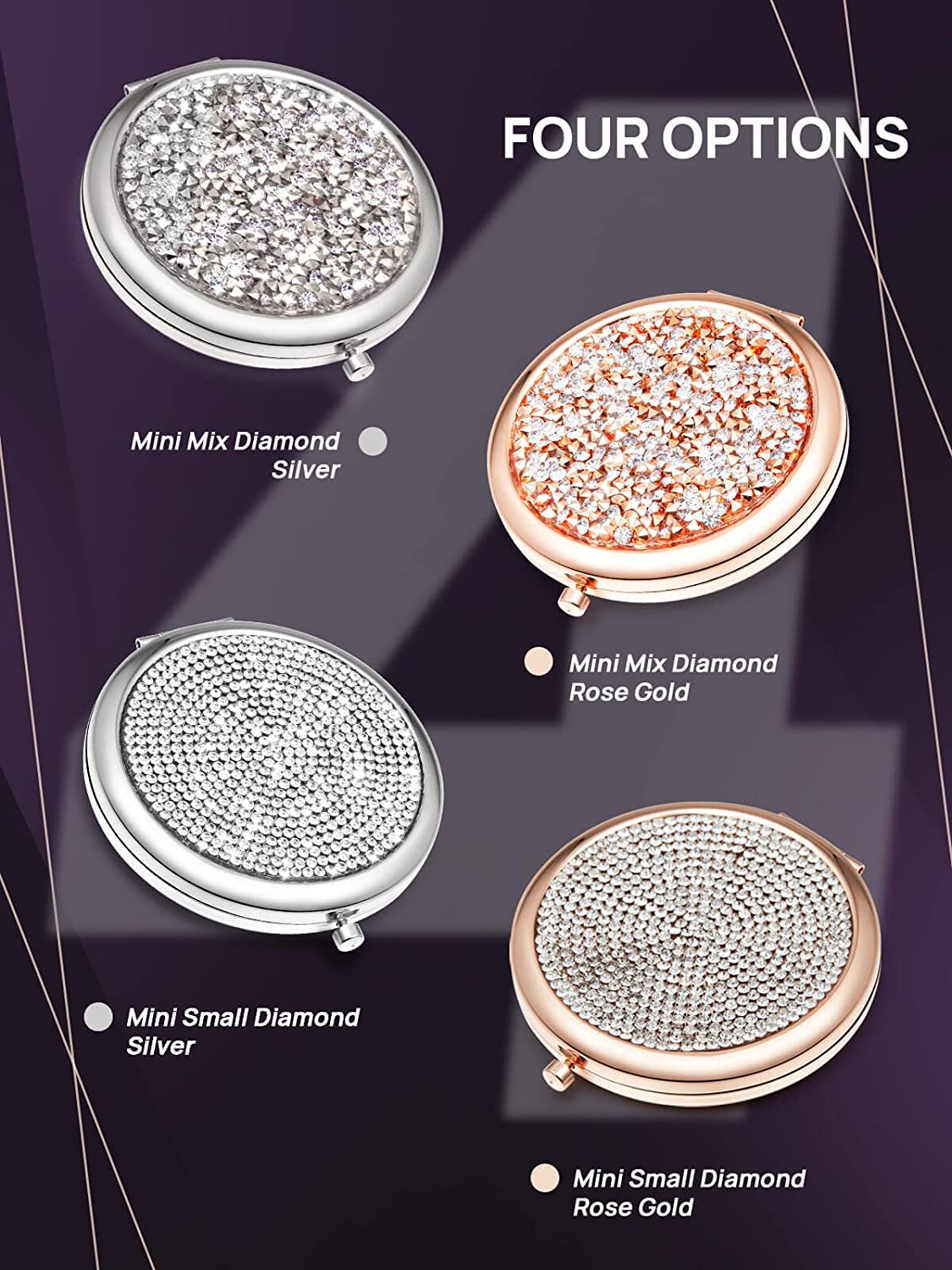 Makeup Mirrors: Mini Small Diamond 1X/2X Magnifying Round Metal Pocket Makeup Mirror (Silver)