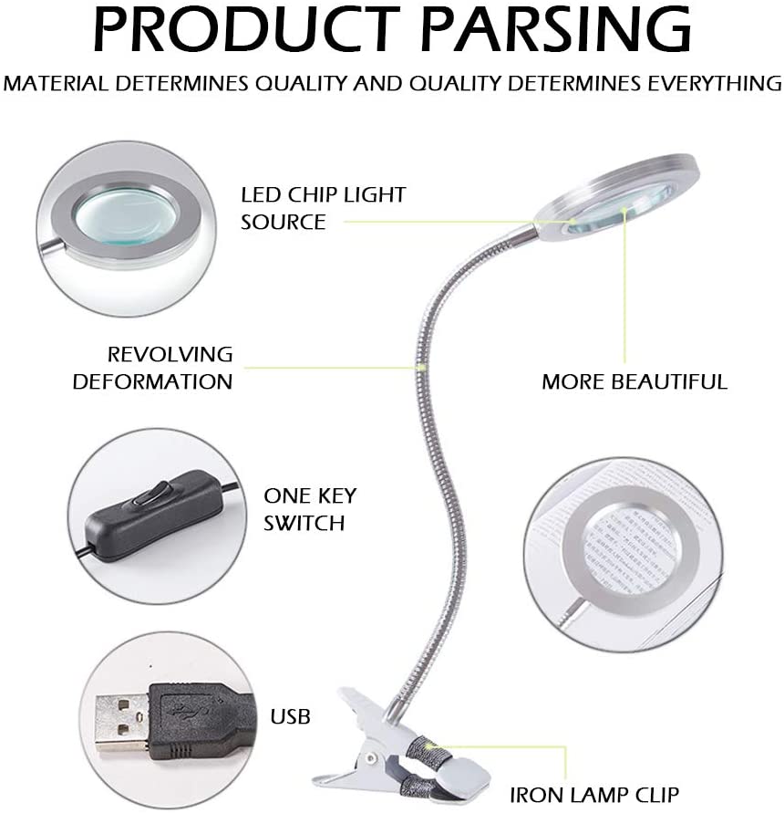Pens & Pencils: Lighting LED 8X Magnifying Lamp with Metal Clamp 360&deg; Flexible Gooseneck and USB Plug Design for Tattoo, Manicure and Reading