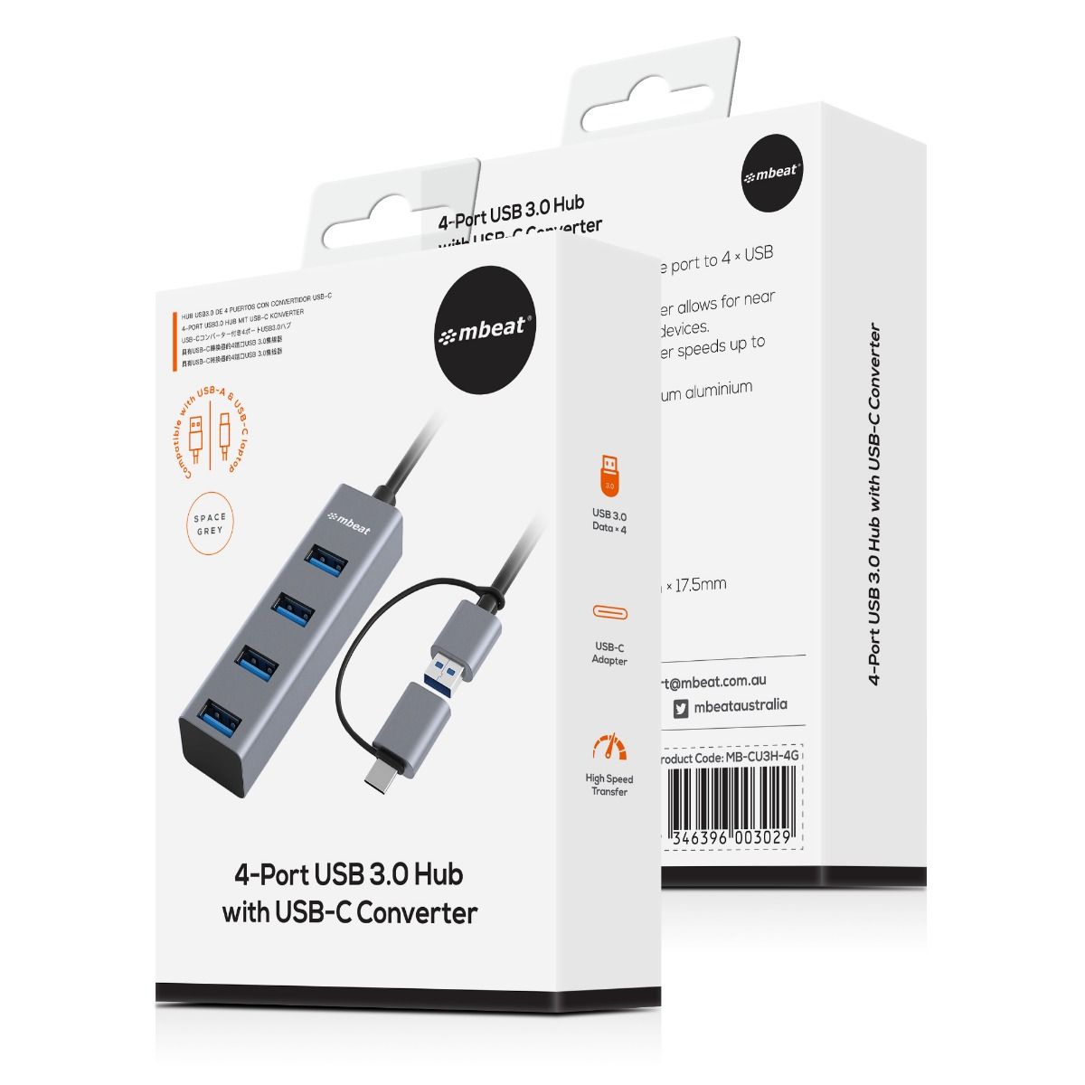 Hard Drives: mbeat 4-Port USB 3.0 Hub with 2-in-1 USB 3.0 & USB-C Converter - Space Grey