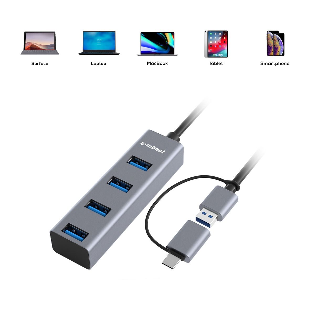 Hard Drives: mbeat 4-Port USB 3.0 Hub with 2-in-1 USB 3.0 & USB-C Converter - Space Grey