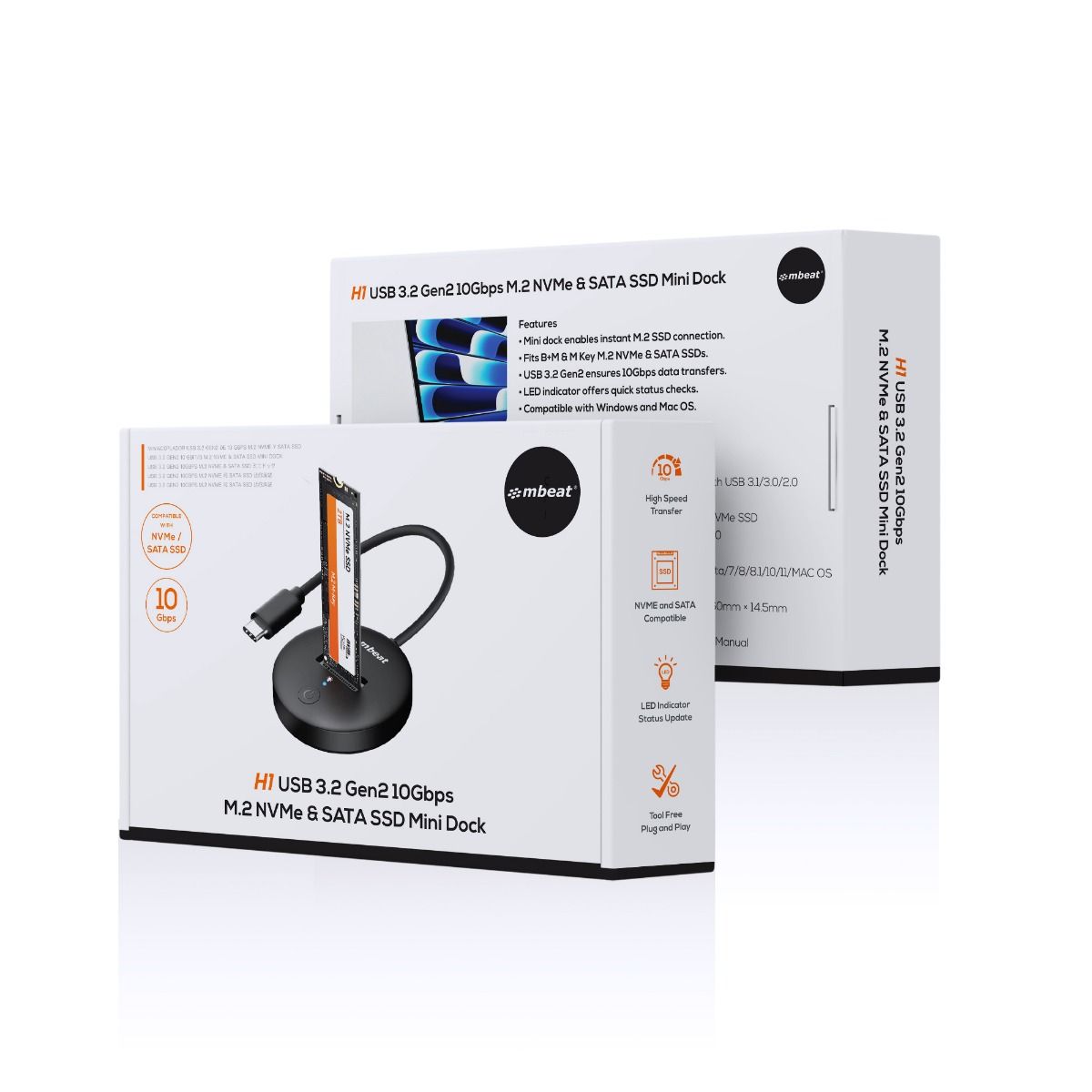Hard Drives: mbeat H1 USB 3.2 Gen2 10Gbps M.2 NVMe & SATA SSD Mini Dock (Black)