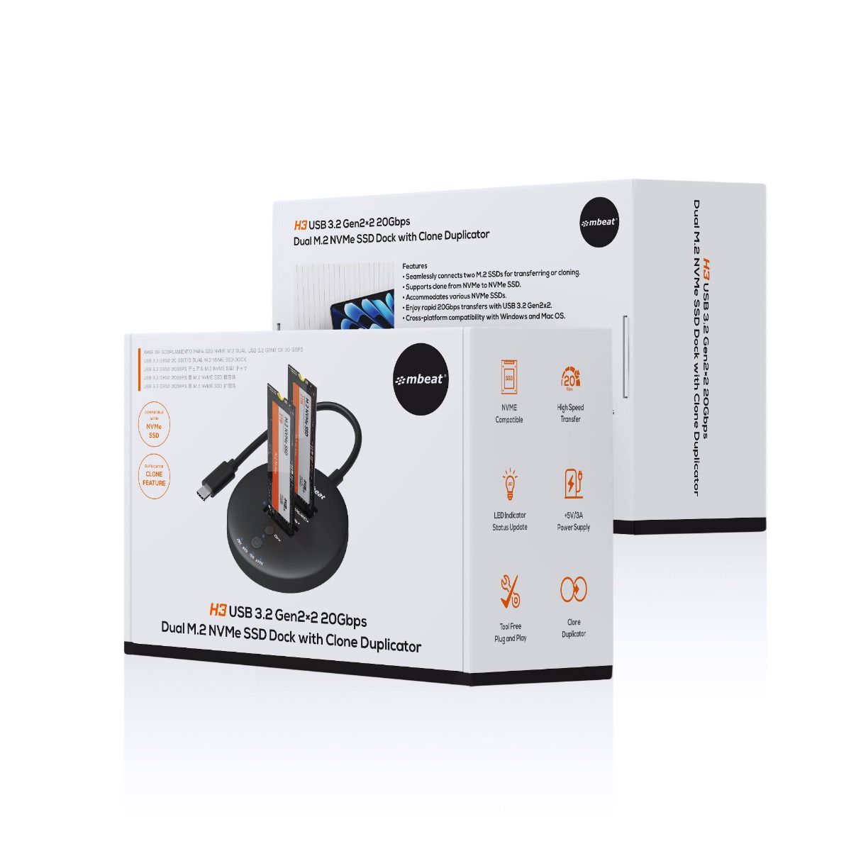 Hard Drives: mbeat H3 USB 3.2 Gen2x2 20Gbps Dual M.2 NVMe SSD Dock with Clone Duplicator (Black)