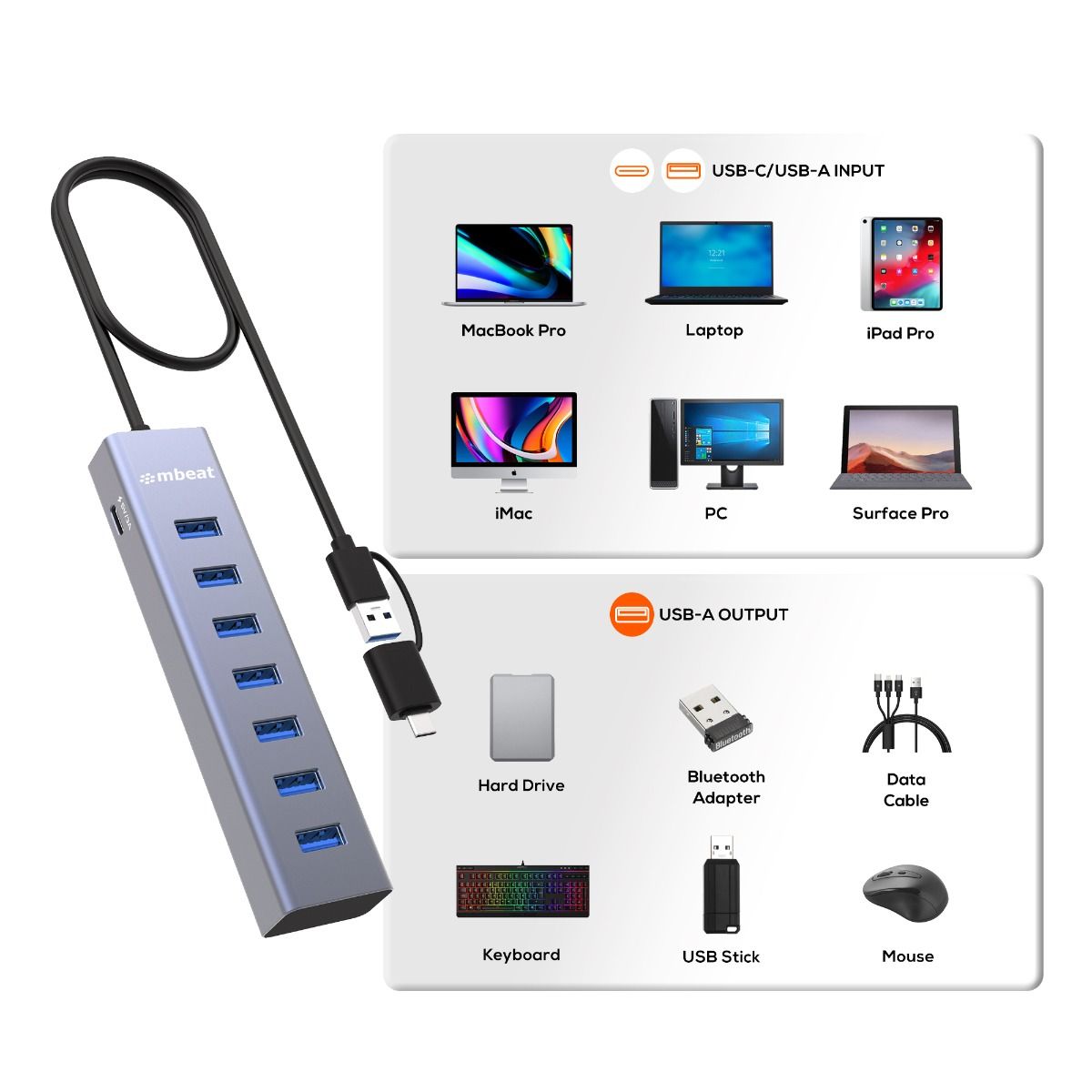 Laptop Stands: mbeat 7-Port USB Hub with Dual USB-A & USB-C Connector