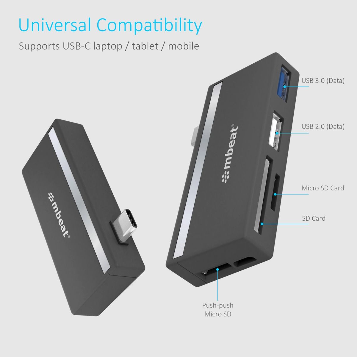 Memory Card Adapters: mbeat Essential 5-In-1 USB- C Hub ( USB hub 2.0, 3.0, SD/TF card reader )