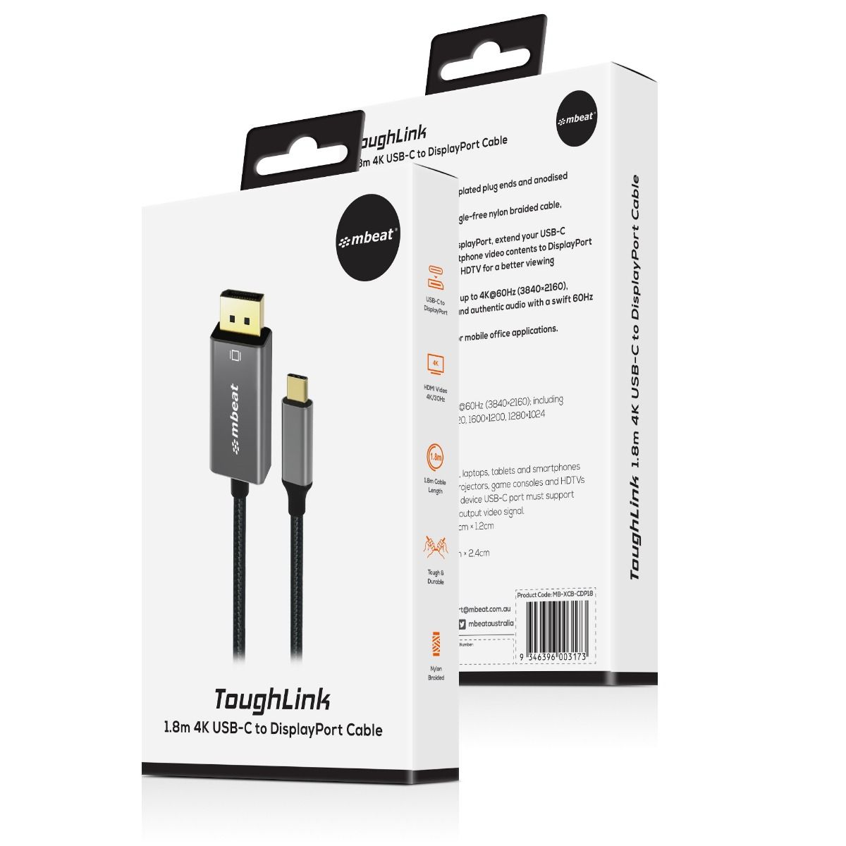 Computer Cables & Adapters: mbeat Tough Link 1.8m 4K USB-C to Display Port Cable - Space Grey