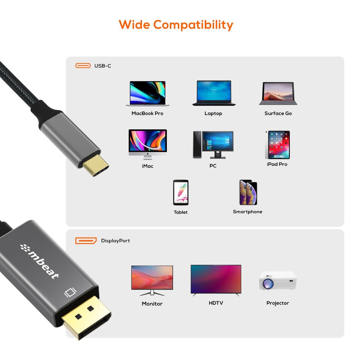 Computer Cables & Adapters: mbeat Tough Link 1.8m 4K USB-C to Display Port Cable - Space Grey