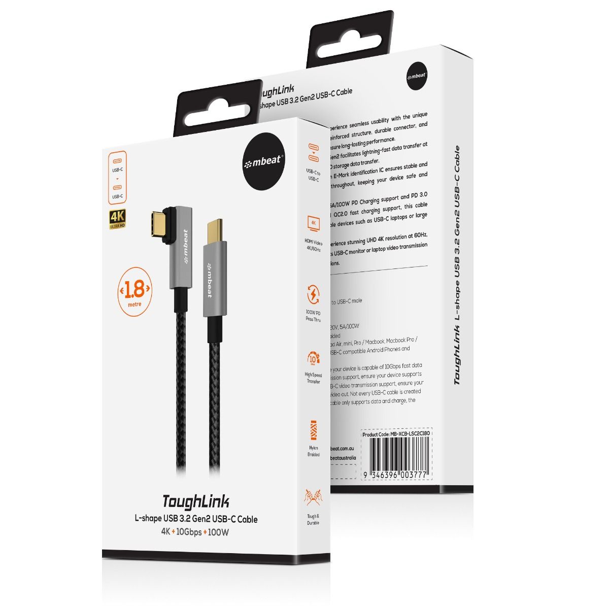 Computer Cables & Adapters: mbeat Tough Link 1.8m L-Shape USB 3.2 Gen2 USB-C Cable - Space Grey