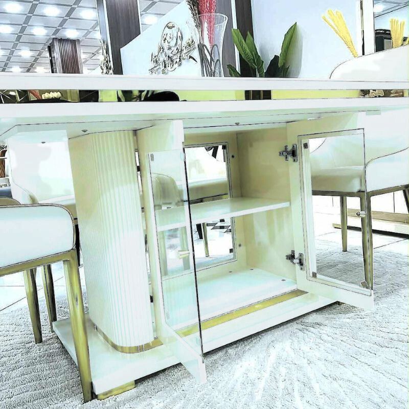 Dining Tables: Asta Luxury Tempered Glass Top High Gloss Dining Table with Storage Cabinet