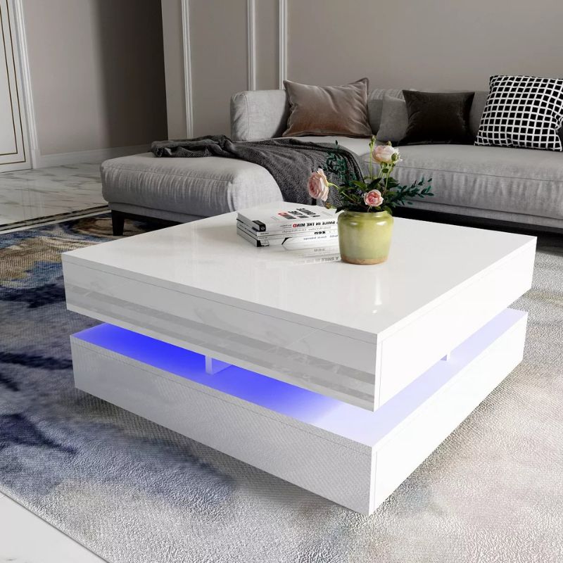 Coffee Tables: Modern Large High Gloss Coffee Table With LED Lights White