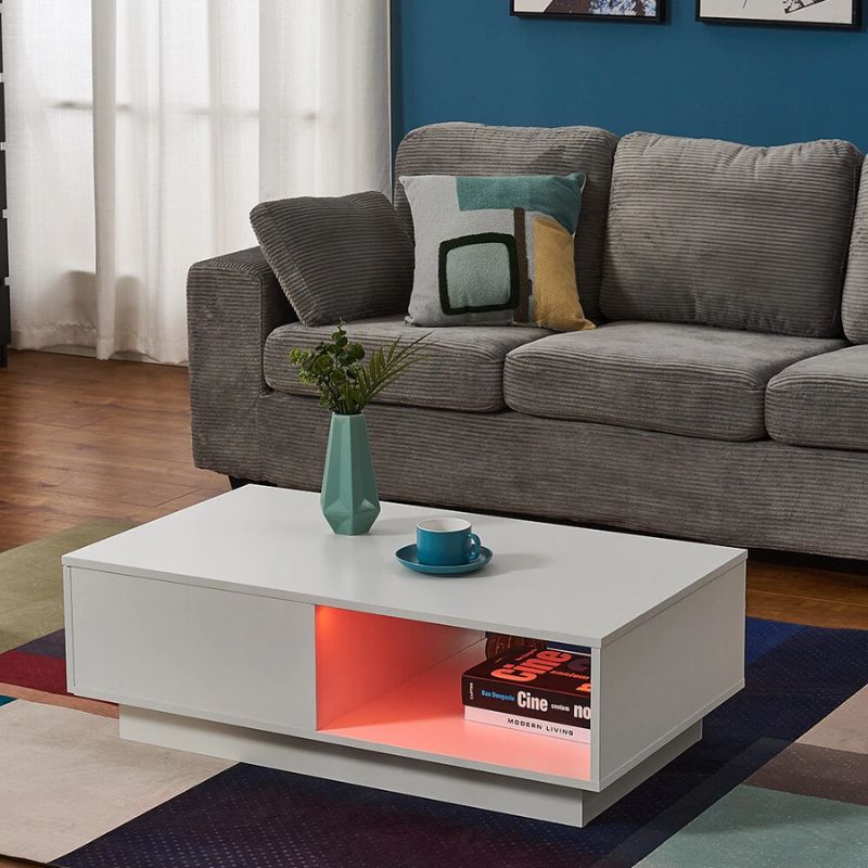 Coffee Tables: LED High Gloss Top White Coffee Table With Single Drawer