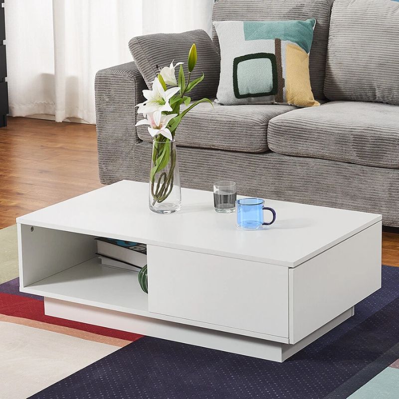 Coffee Tables: LED High Gloss Top White Coffee Table With Single Drawer