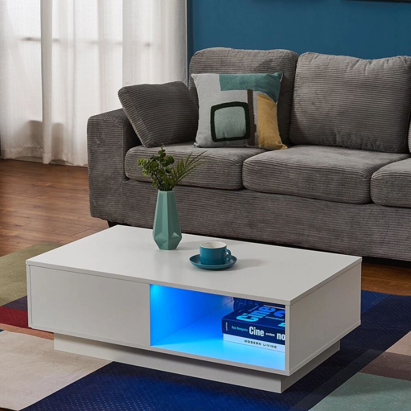 Coffee Tables: LED High Gloss Top White Coffee Table With Single Drawer