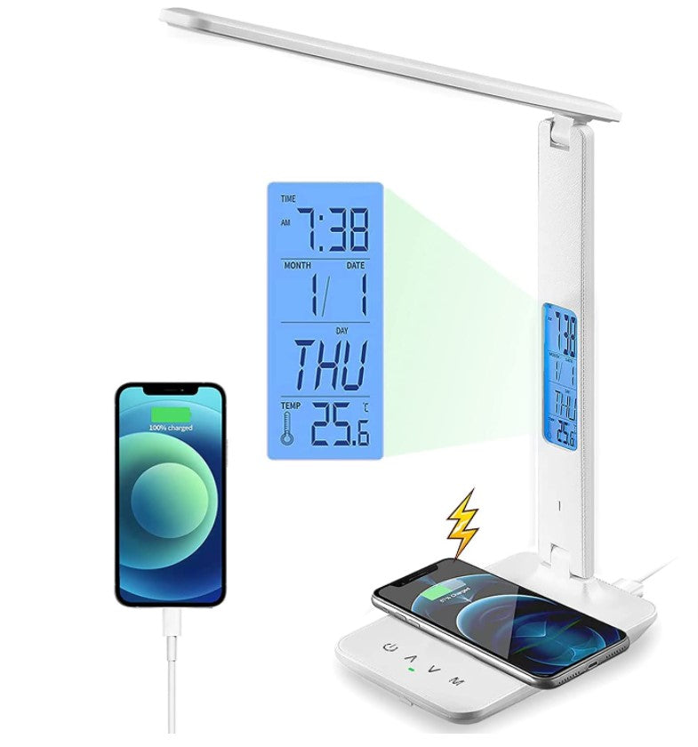 Table Lamps: LED Desk Lamp with Fast Wireless Charger Clock Alarm Date Temperature