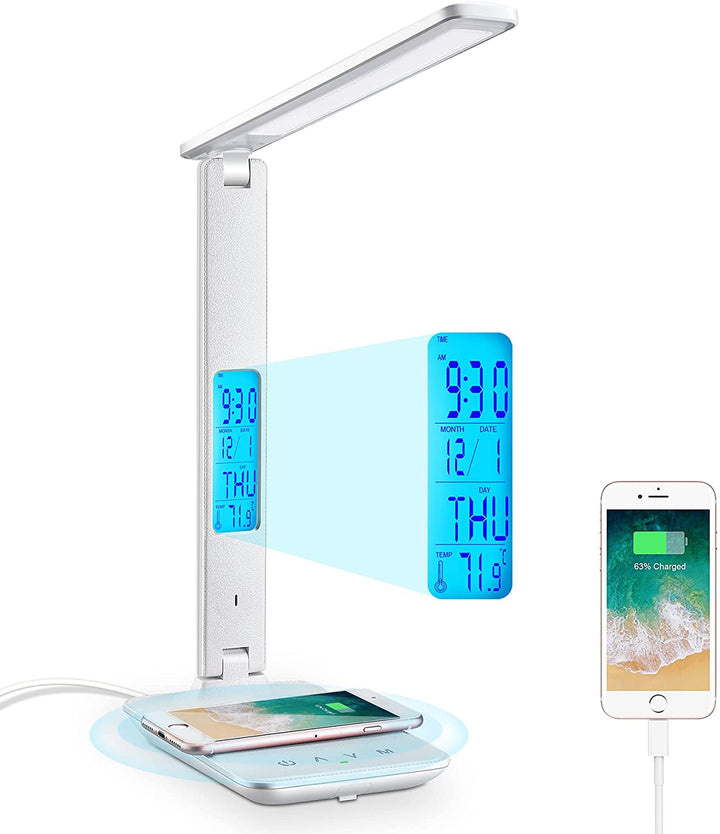 Table Lamps: LED Desk Lamp with Fast Wireless Charger Clock Alarm Date Temperature
