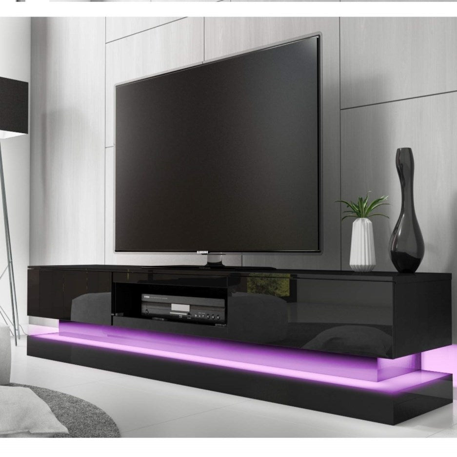 TV Units: Modern High Gloss LED RGB TV Entertainment Unit with Storage 220cm - Black