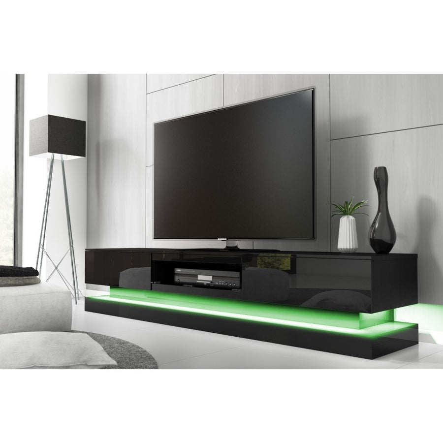 TV Units: Modern High Gloss LED RGB TV Entertainment Unit with Storage 220cm - Black