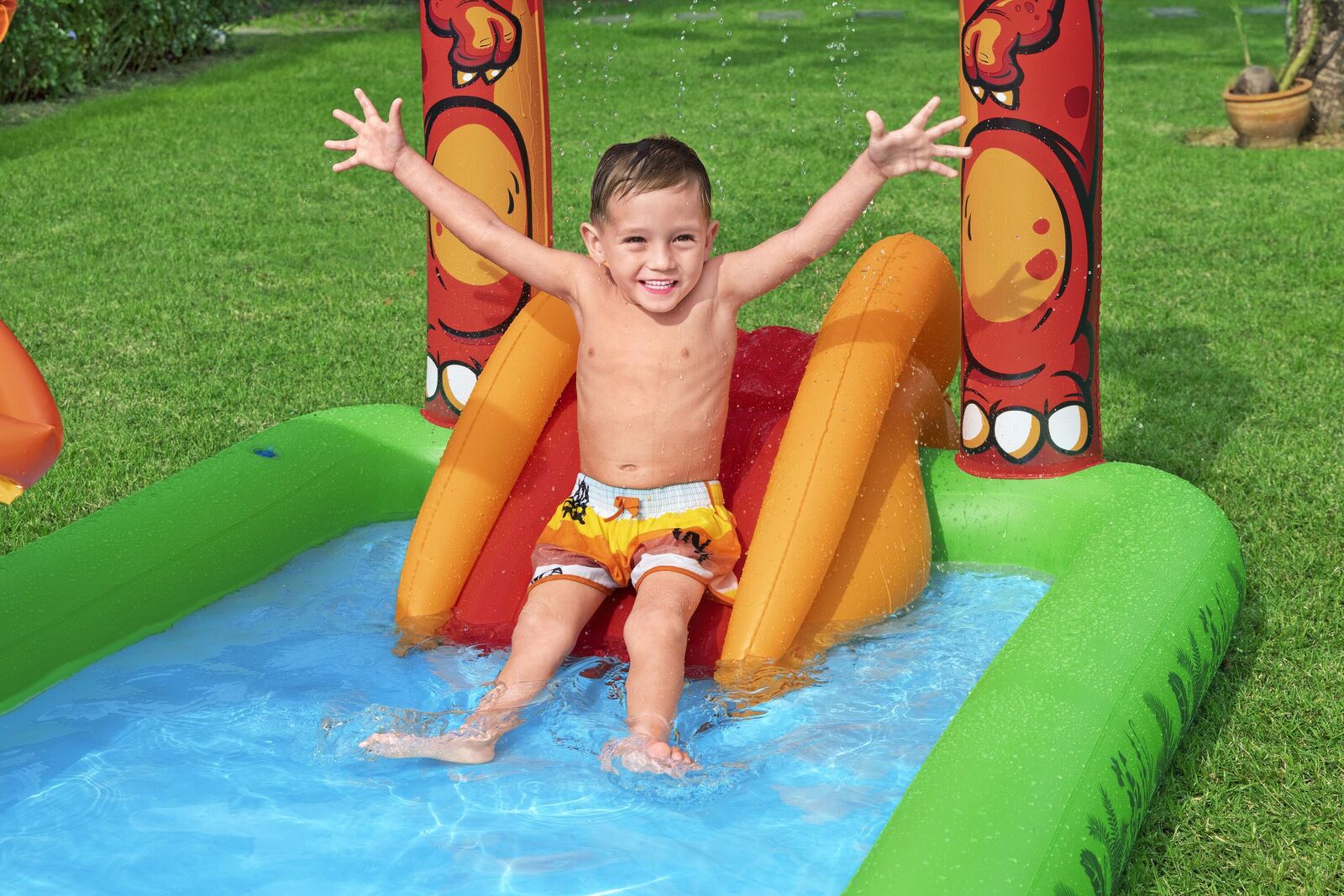 Pool Toys & Inflatables: 190L Jurassic Splash Water Play Centre, Bright Dinosaur Theme with Slide