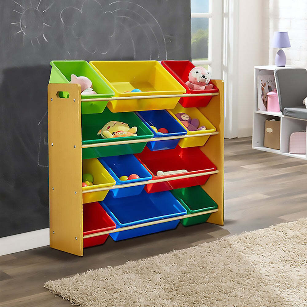 Kid's Tables, Chairs & Seats: Kids Organiser Shelf Storage Rack for Toys - 12 Multicoloured Bins