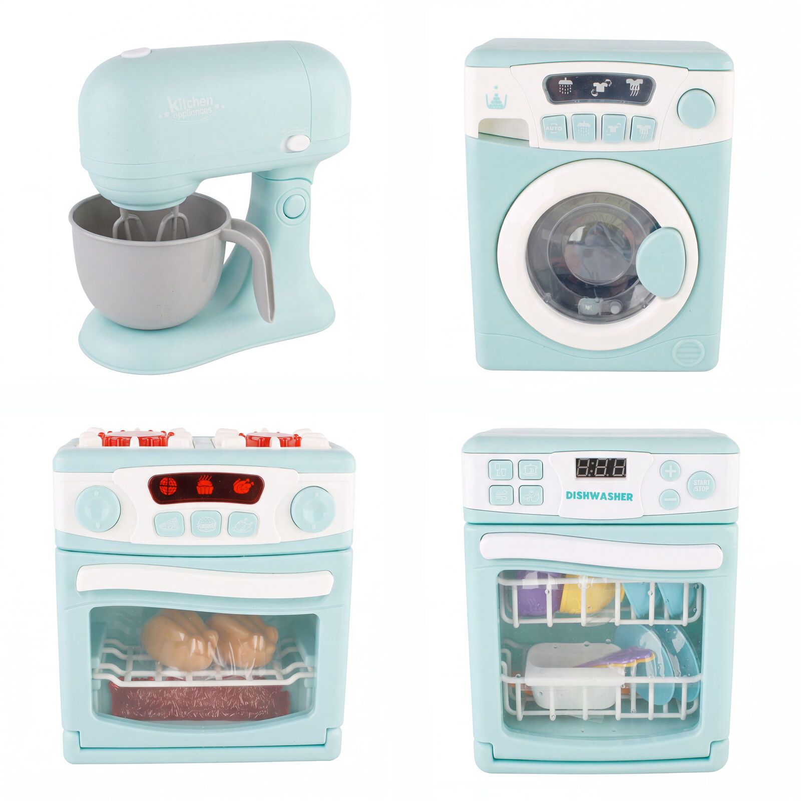 4 Piece Home Appliance Toy Mixer, Washing Machine, Oven & Dishwasher, With Lights & Sound