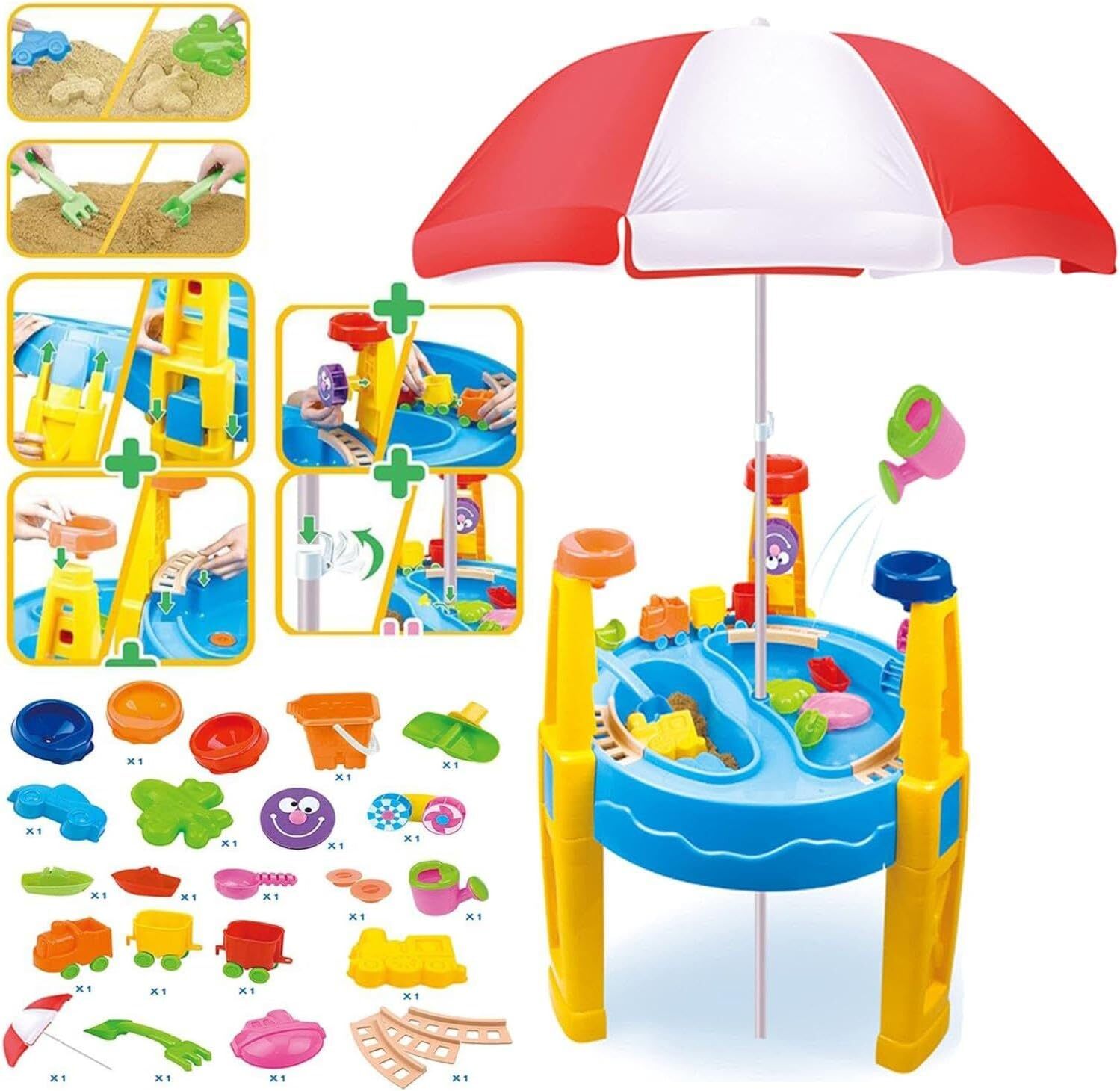 Pool Toys & Inflatables: Outdoor Sand and Water Table Toy with Umbrella (28 Pcs Accessories)