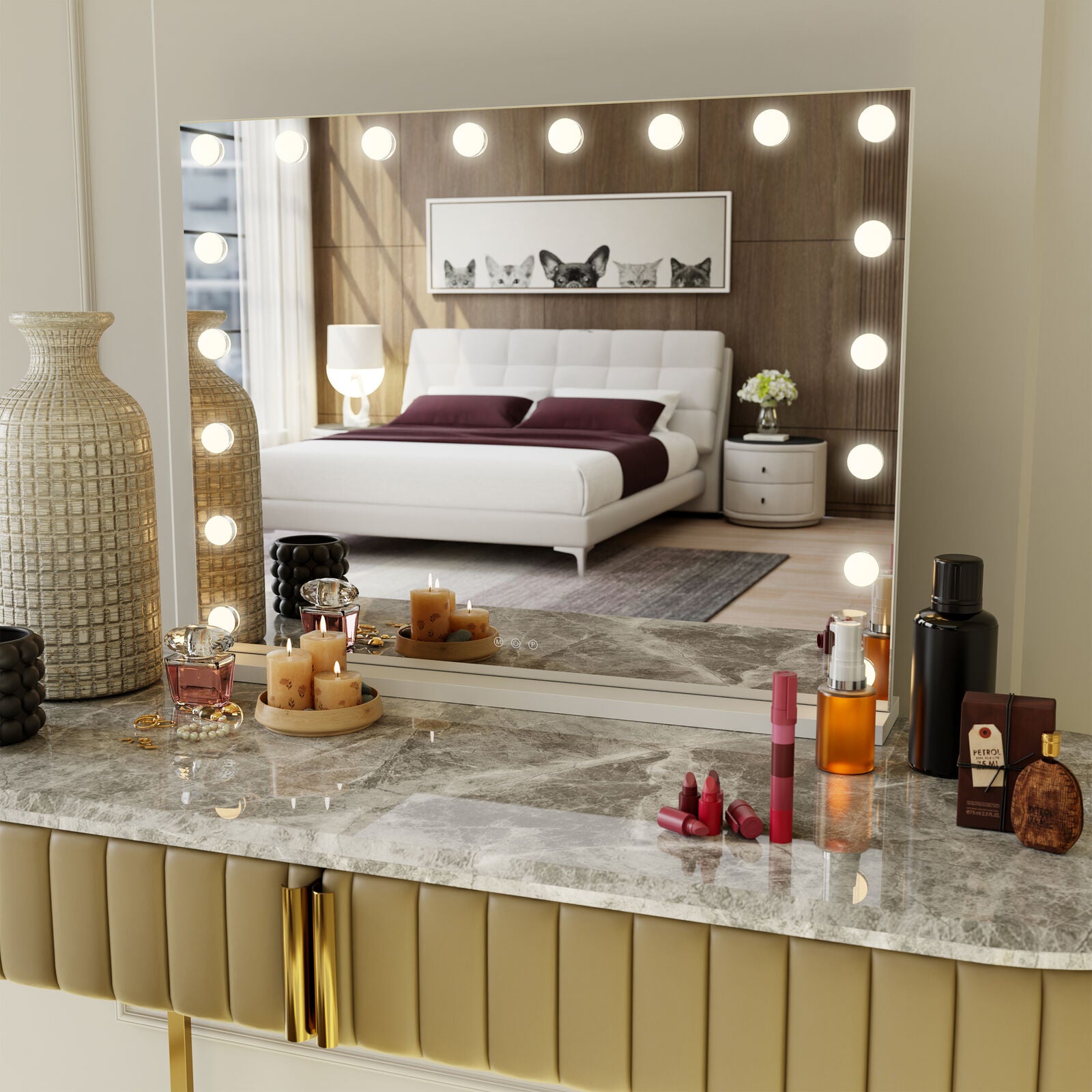 Makeup Mirrors: Beauty Mirror with 18 LED Bulbs, Colour Settings, White Frame,  and USB A and C Ports