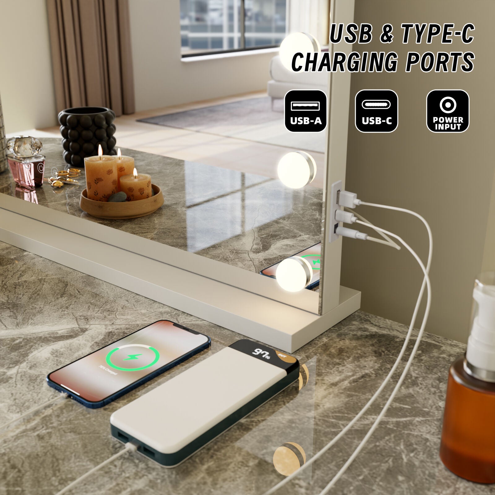 Makeup Mirrors: Beauty Mirror with 18 LED Bulbs, Colour Settings, White Frame,  and USB A and C Ports