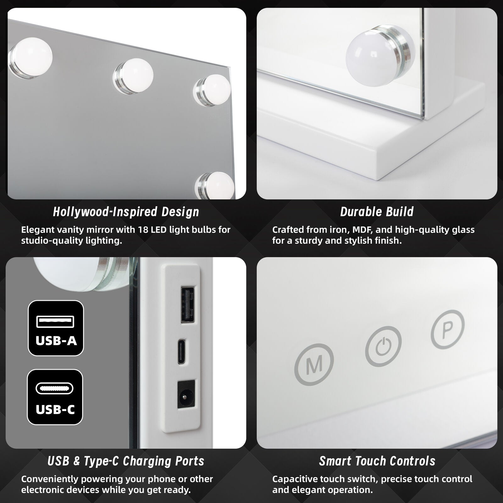 Makeup Mirrors: Beauty Mirror with 18 LED Bulbs, Colour Settings, White Frame,  and USB A and C Ports