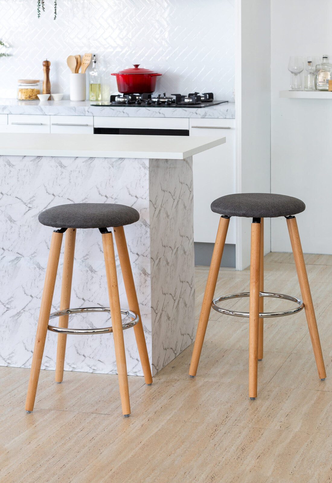 Table & Bar Stools: 2 Cotton/Steel Modern Padded Barstools (Grey/Wood)