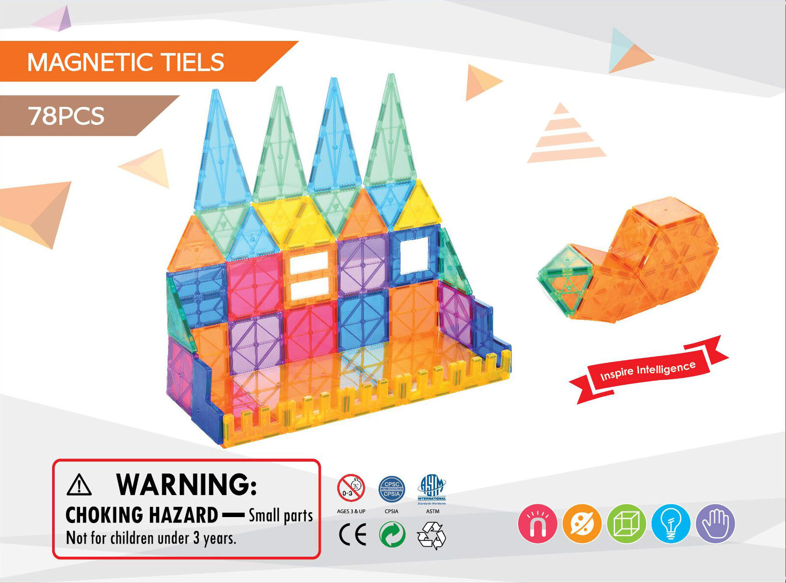 78 Pcs non-toxic STEM Educational, Durable Magnetic Tiles/Puzzle with Storage Bag